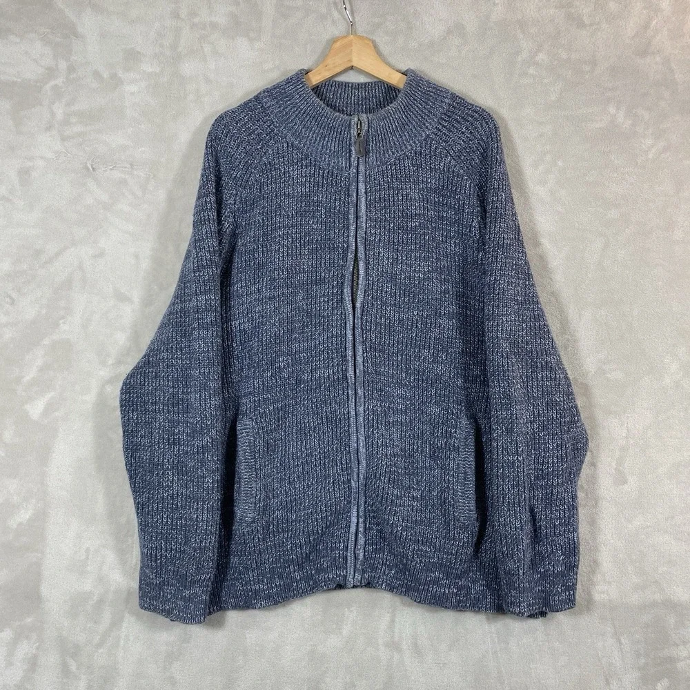 LL Bean Mens XXL Blue Cotton Shaker Stitch Full Zip Mock Neck Cardigan 298244